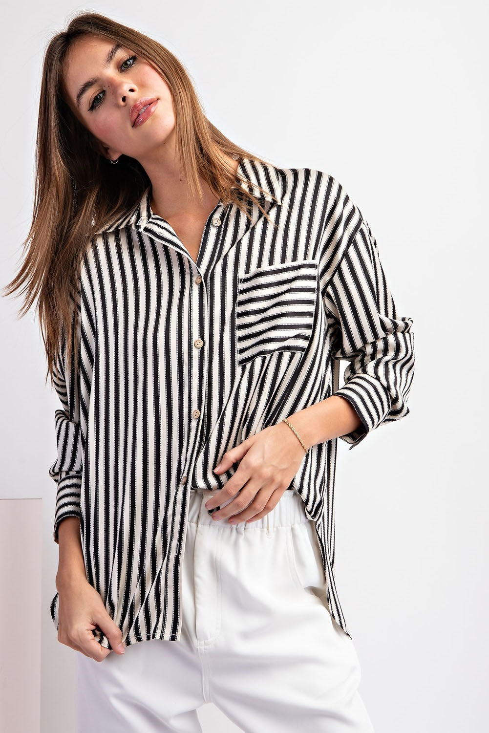 The Meredith Satin Striped Button Top