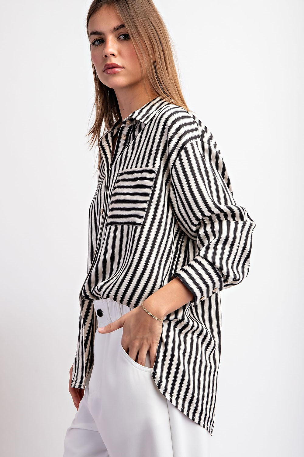 The Meredith Satin Striped Button Top