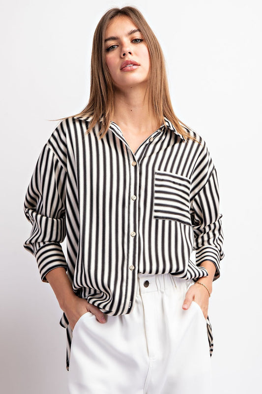 The Meredith Satin Striped Button Top