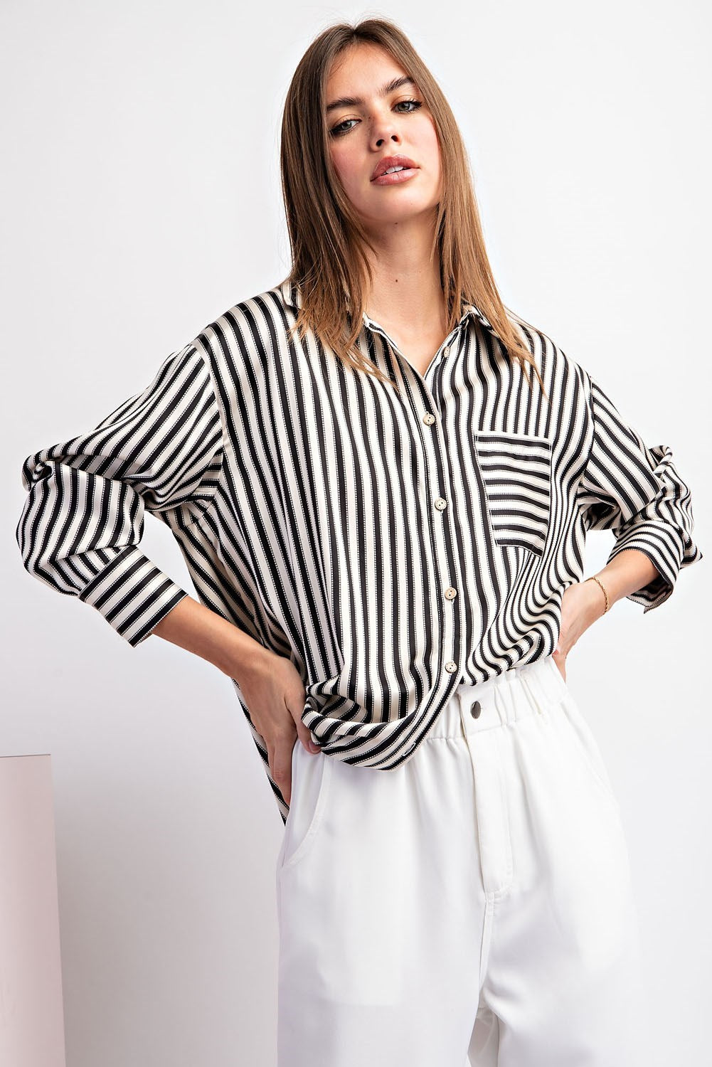 The Meredith Satin Striped Button Top