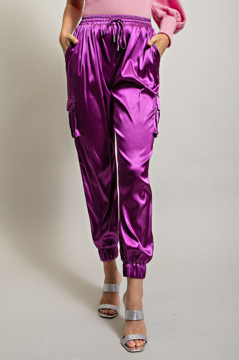 Purple satin jogger pants online