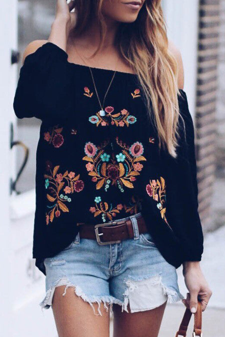 The Isabel Black Embroidered Off the Shoulder Long Sleeve Floral Blouse