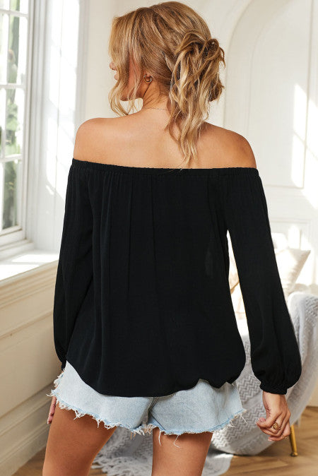 The Isabel Black Embroidered Off the Shoulder Long Sleeve Floral Blouse