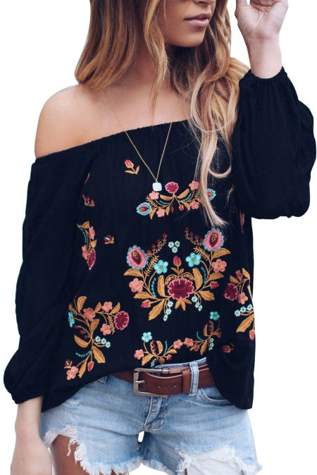 The Isabel Black Embroidered Off the Shoulder Long Sleeve Floral Blouse